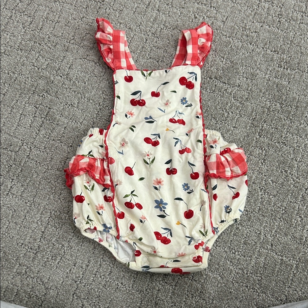 Angel Dear Cream Cherry Print Baby One-Piece with Red Gingham Accents